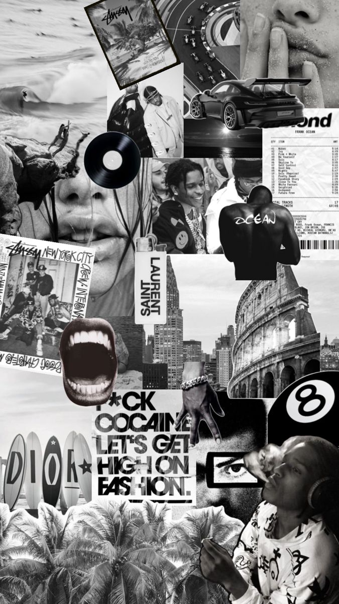 black and white collage with various images