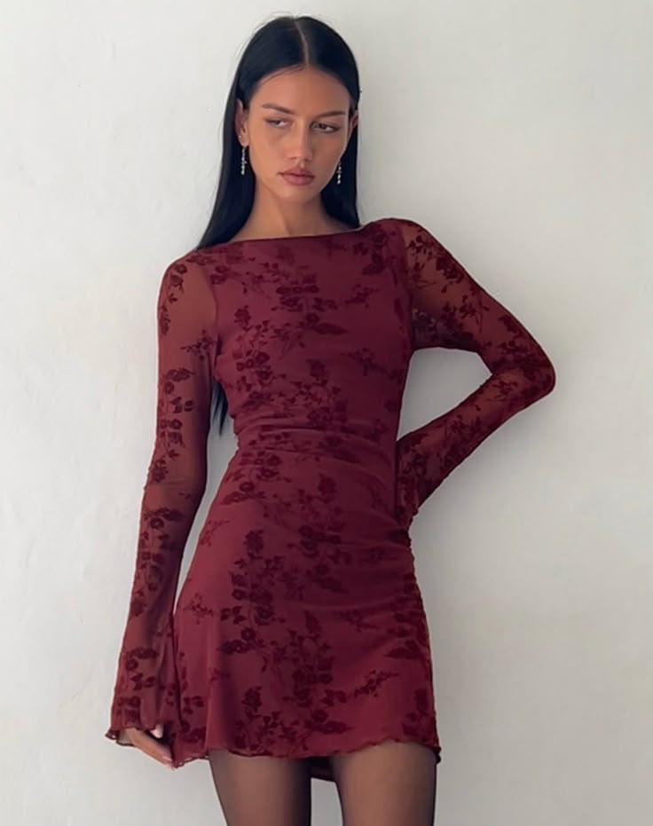 Botanical Flower Maroon Mini Dress | Sevila – motelrocks-com-us Red Print Hoco Dress, Affordable Red Festive Dress, Red Mini Dress For Winter, Red Lace Dress Casual, Cheap Floral Print Holiday Dress, Party Dresses Fall Colors, Long Sleeve Fancy Mini Dresses, Vegas Dress Long Sleeve, Cheap Elegant Mini Dress For Fall