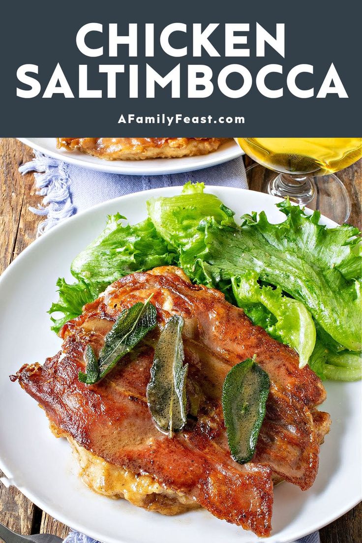 chicken saltimbocca on a white plate with lettuce