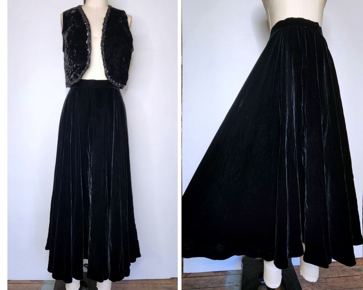 Vintage Black Velvet Skirt  High Waist  Maxi - Ankle Floor Length  Zip on back  Not Lined  Lots of beautiful fabric  Guessing circa 50s but could be more recent like 70s/80s  NOTE : if you are interested in the velvet cropped vest shown in pictures, here's the link as it's sold separately: https://www.etsy.com/listing/1681004364/vintage-black-velvet-vest-cropped-by?click_key=5a5faadc94df2120e1efc428da8b81b194141da5%3A1681004364&click_sum=0e749821&ref=shop_home_active_2&frs=1&sts=1 Excellent Vint Vintage Black Skirt For Costume Party, Vintage Fitted Evening Skirt, Fitted Vintage Costume Bottoms, Vintage Fitted Bottoms For Costume, Vintage Party Lined Skirt, Vintage Full-length Fitted Skirt, Vintage Fitted Full-length Skirt, Vintage Formal Full Skirt Bottoms, Vintage Stretch Party Skirt