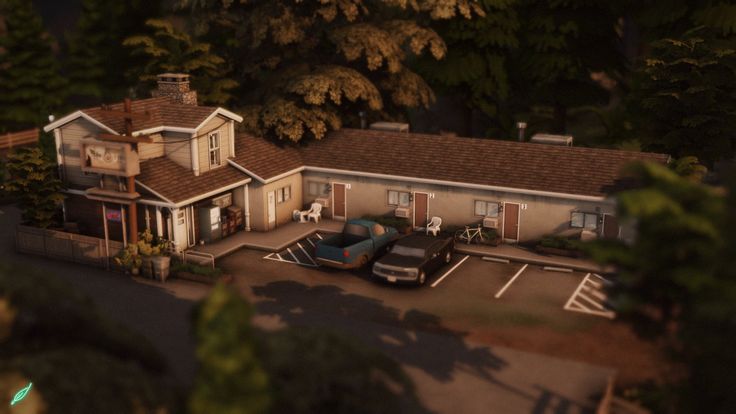 an aerial view of a motel with cars parked in the parking lot and trees surrounding it