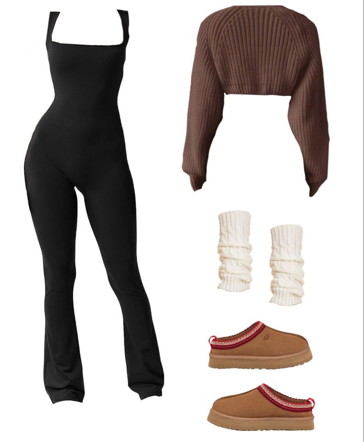 Flare Leg Jumpsuit Outfit, Ugg Slippers With Leg Warmers, Comfy But Classy Outfits, Leg Warmers With Uggs Outfit, Flared Bodysuit Outfit, Knit Pant Outfit, Outfit Ideas With Ugg Slippers, Ugg Tasman Platform Outfit, Outfits With Uggs Slipper