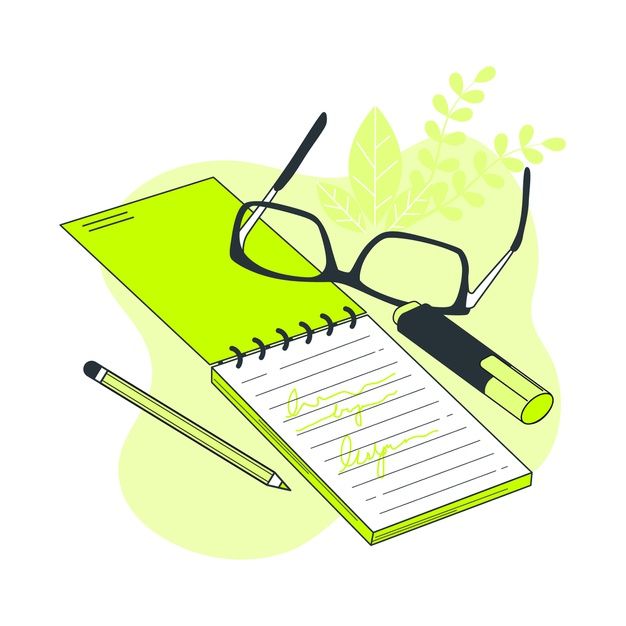 a notepad, pen and eyeglasses on top of a notebook with leaves