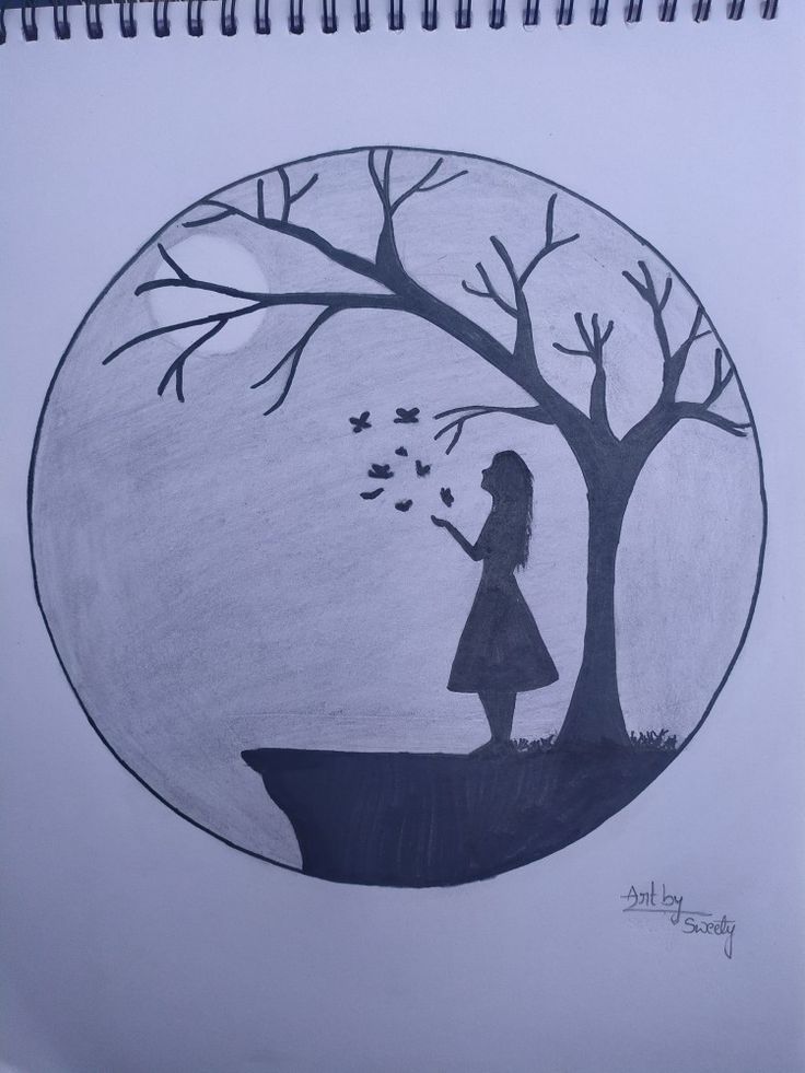 a drawing of a girl standing in front of a tree