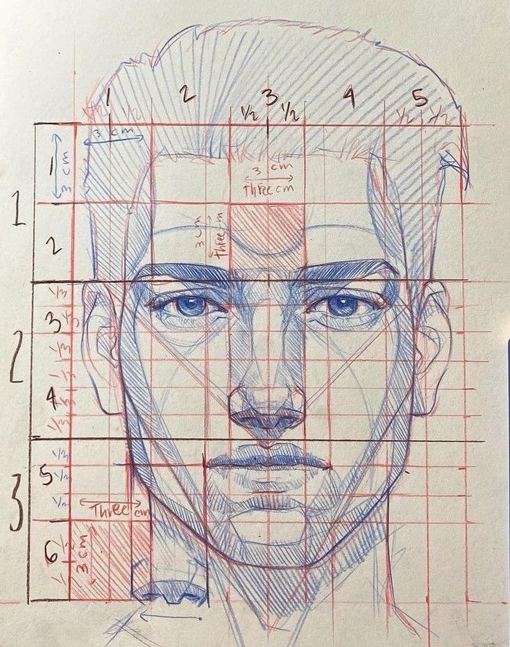 a drawing of a man's face is shown in red and blue lines on a piece of paper