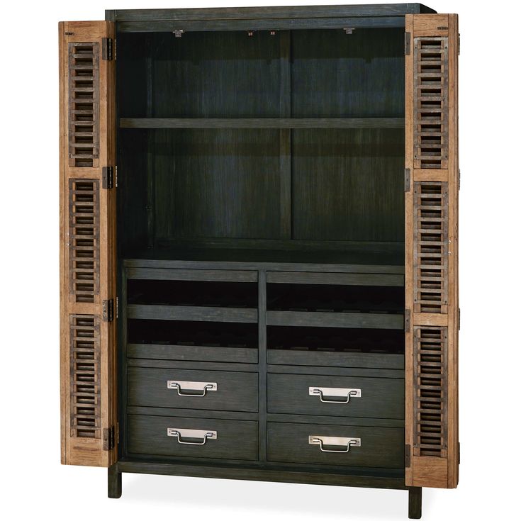 an open bookcase with drawers and shutters on the doors is shown in front of a white background