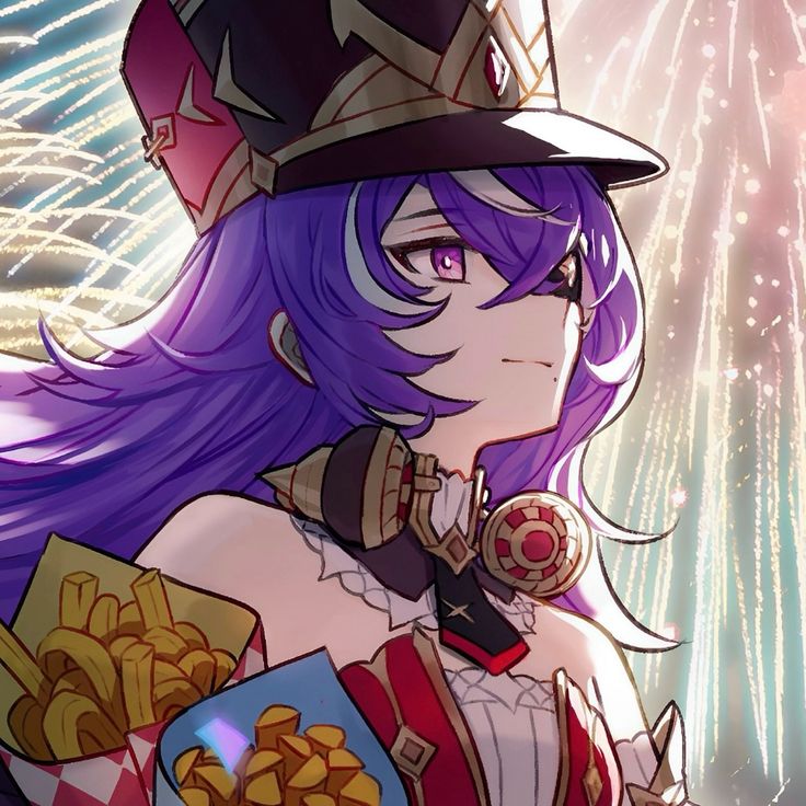 a woman with purple hair wearing a top hat and holding a plate of fries in front of fireworks