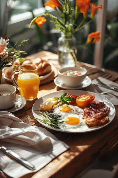 a table topped with plates of breakfast food