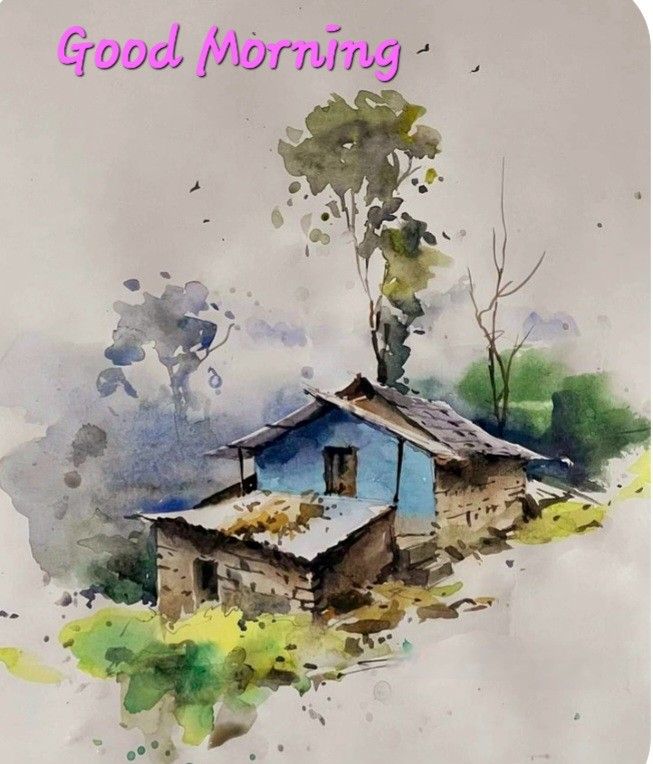 a watercolor painting of a house with the words good morning on it