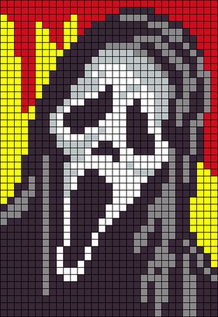 a pixellated image of a skeleton wearing a headdress and holding a knife