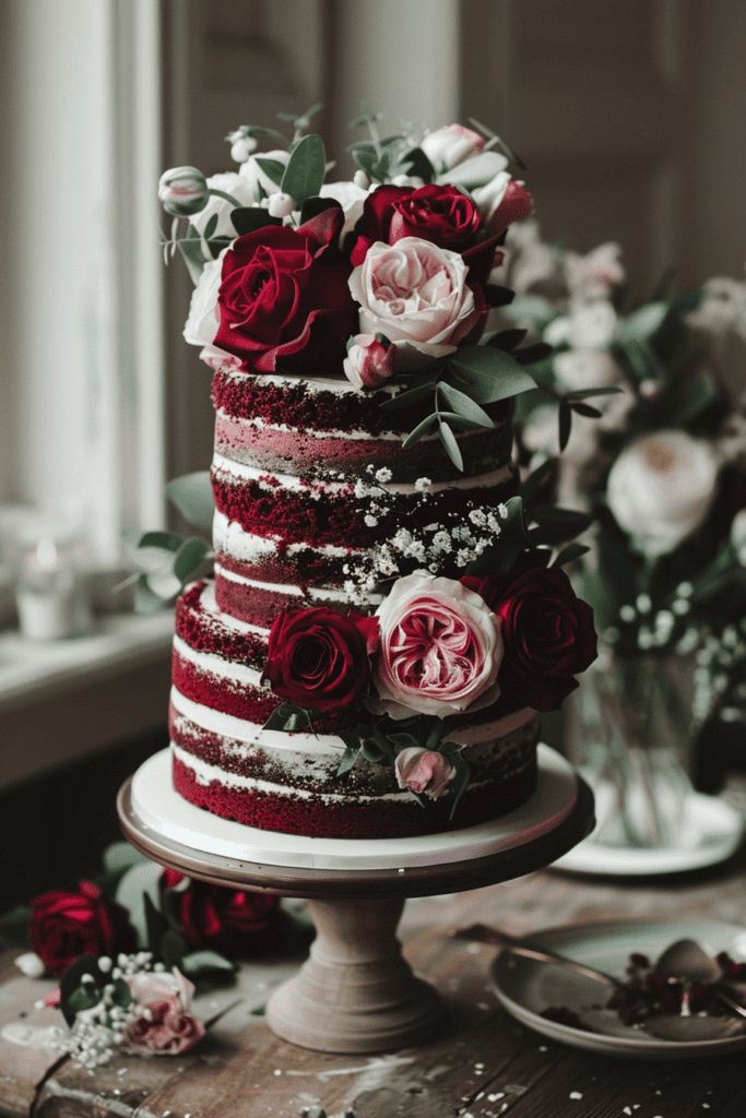 a red and white wedding cake with roses on top is sitting on a wooden table