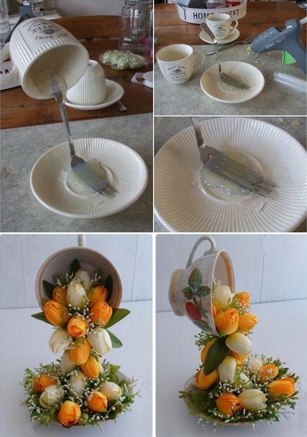 four pictures showing different stages of making a flower arrangement with teacups and saucers