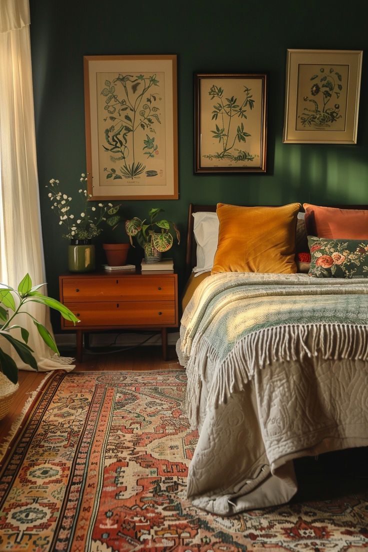 Apartment Decorating Sage Green, Deep Blue Green Bedroom, Ideas For Green Bedroom, Bedroom Ideas Orange And Green, Forest Green And Mustard Bedroom, Moody Eccentric Bedroom, Desk In Master Bed, Dark Green Accent Wall Bedroom Boho, Emerald Green Bed Frame Bedroom Ideas