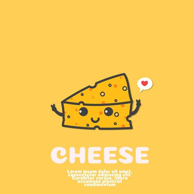 a piece of cheese on a yellow background with the word cheese above it and a heart