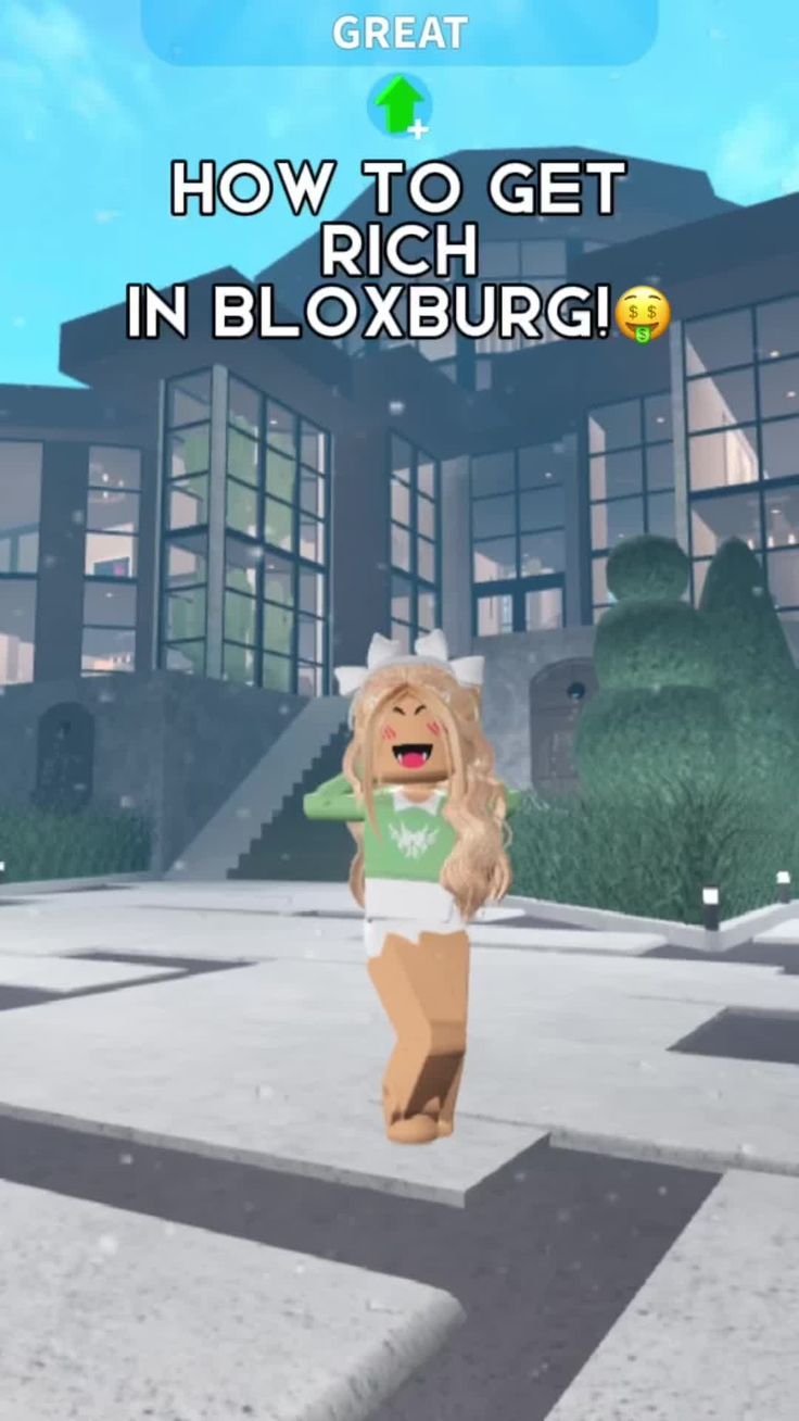 an animated image of a woman walking in front of a building with the words how to get rich in bloxburg