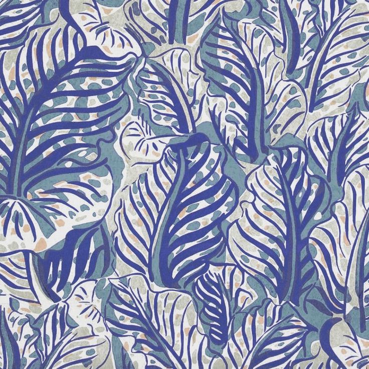 a blue and white wallpaper with large leaves on the back ground, all in different colors