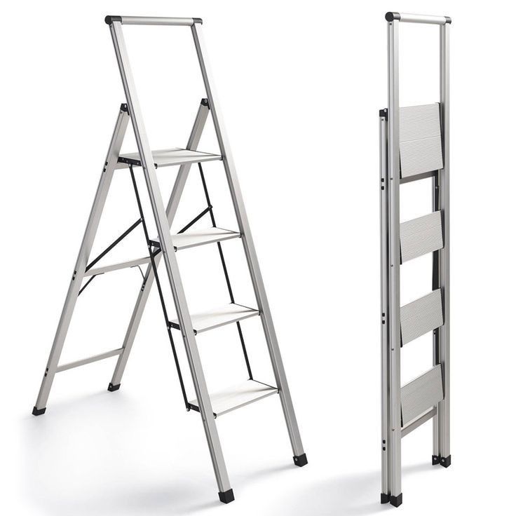 two different types of ladders are shown in this image, one is white and the other is silver