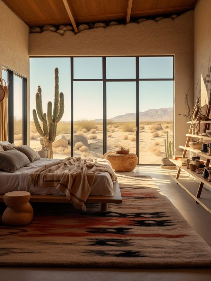 a bedroom with a large window overlooking the desert