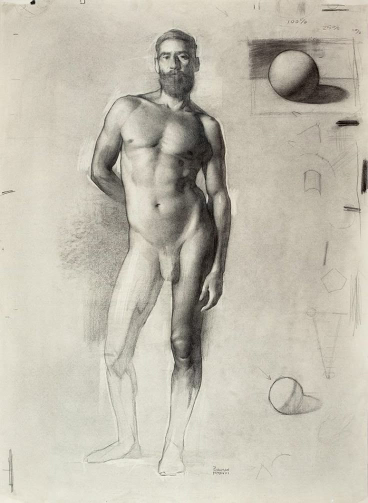 a drawing of a man standing in front of a wall