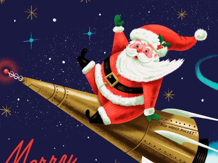 a santa clause is riding on top of a rocket