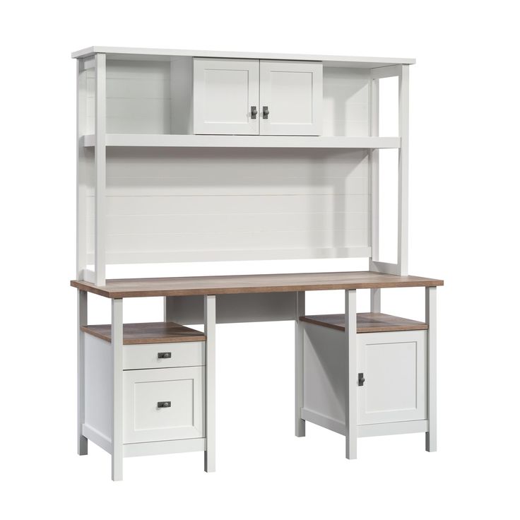 a white desk with two drawers and cupboards