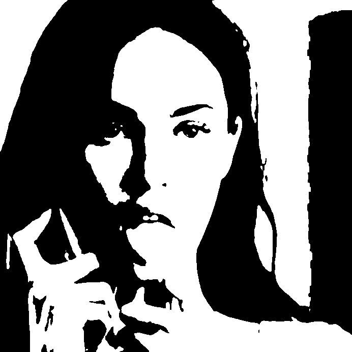 a black and white drawing of a woman holding a cell phone to her ear, looking at the camera