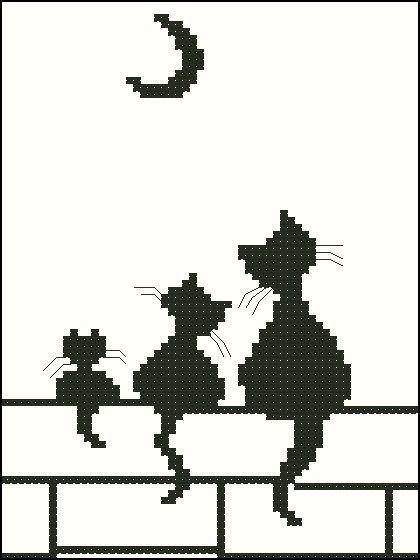 a cross stitch pattern with two cats sitting on a fence and the moon in the sky