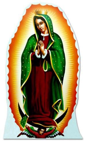 the icon of our lady of guadalupe is shown in red and green with an orange background