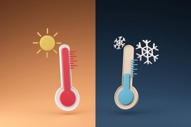 two thermometers side by side with snowflakes and sun on them