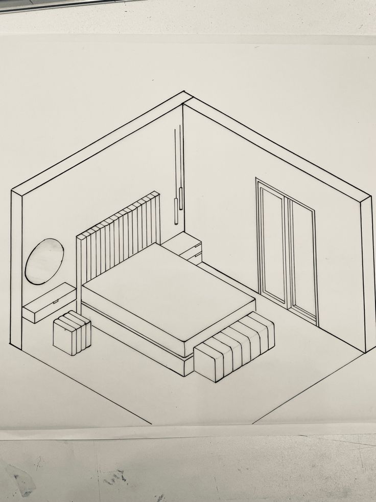 a drawing of a bedroom with a bed and nightstand