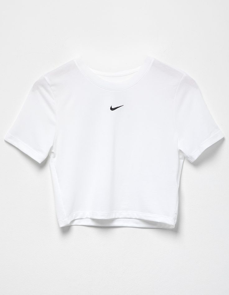 Nike Sportswear Essential Slim Crop Tee. Embroidered Nike Swoosh Logo On Center Chest. Ribbed Crew Neckline. Short Sleeve. Slim Fitting, Cropped Fit. 49% Polyester, 48% Modal, 3% Spandex. Machine Wash. Imported. Model Is Wearing A Size Small. Model Measurements:height: 5'8" Bust: 32"waist: 25"hips: 36" Spring Sports Cropped T-shirt With Short Sleeves, Nike Summer Workout T-shirt, Spring Gym T-shirt With Crew Neck, Summer Gym Top With Logo Print, Summer Gym Tops With Logo Print, Casual Short Sleeve Sports Top, Sporty Logo Print Cropped T-shirt For Spring, Cropped Crew Neck T-shirt For Sports In Summer, Sporty Cropped T-shirt For Spring Workout