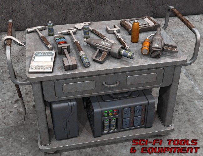 a sci - fi table with tools and equipment sitting on it's top shelf