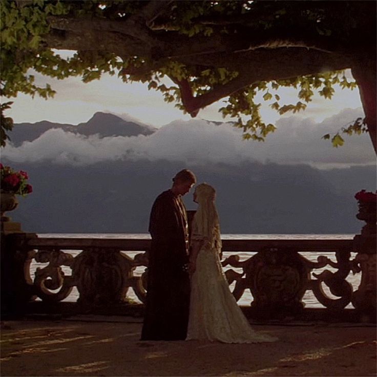 a bride and groom standing next to each other in front of a tree with mountains in the background