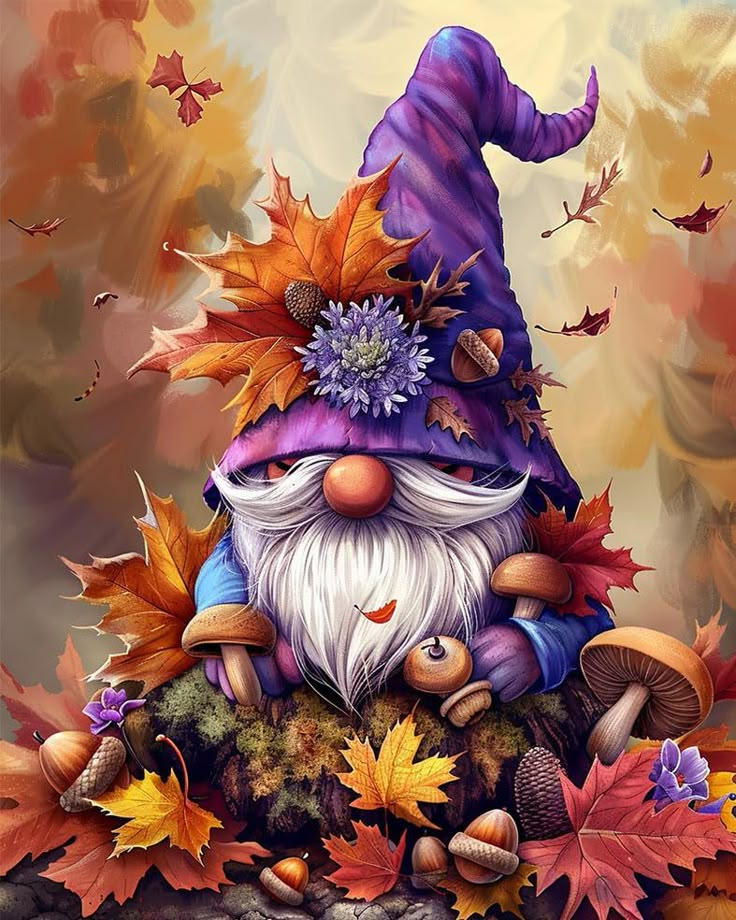 a painting of a gnome with autumn leaves and acorns