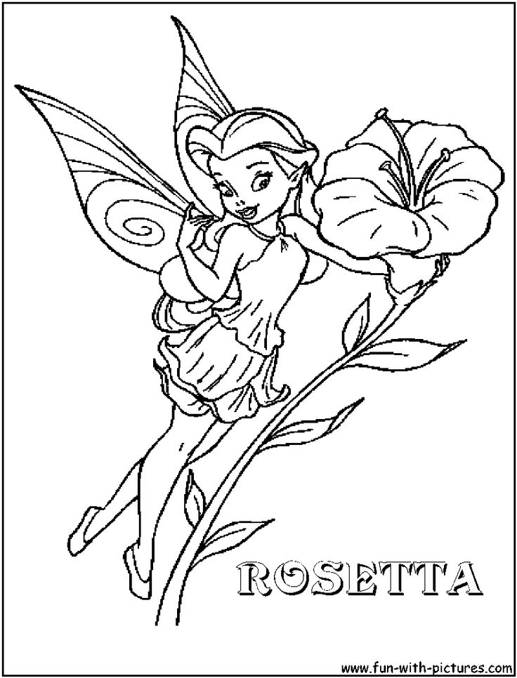 the tinkerbell fairy coloring page is shown with flowers and leaves on it's side