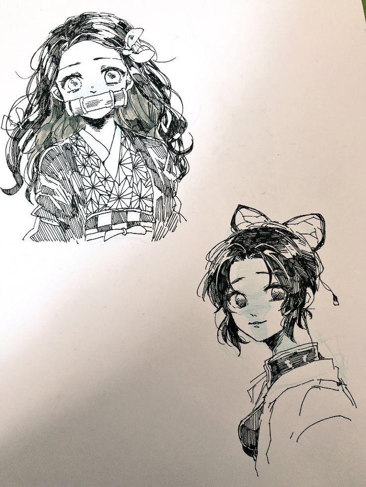 two drawings of people with long hair, one is wearing a hat and the other has a bow on her head