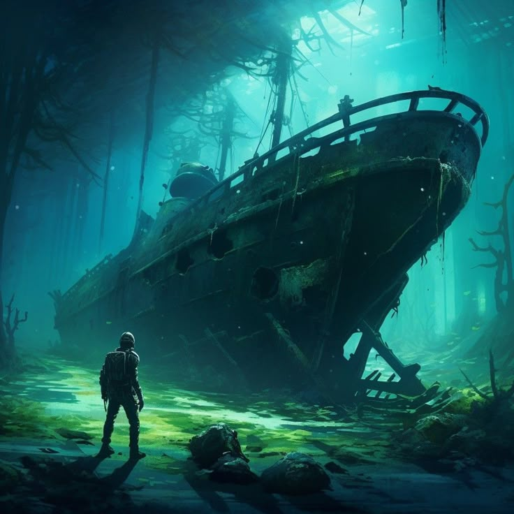 Underwater ship. Sunken ship. Ghost ship. Ethereal. Moody. Haunting. Haunting art. Spooky art. Wrecked Ship, Fish Mural, Underwater Shipwreck, Underwater Ruins, Pirate Ship Art, First Astronaut, Post Apocalyptic World, Sunken Ship, Apocalyptic World