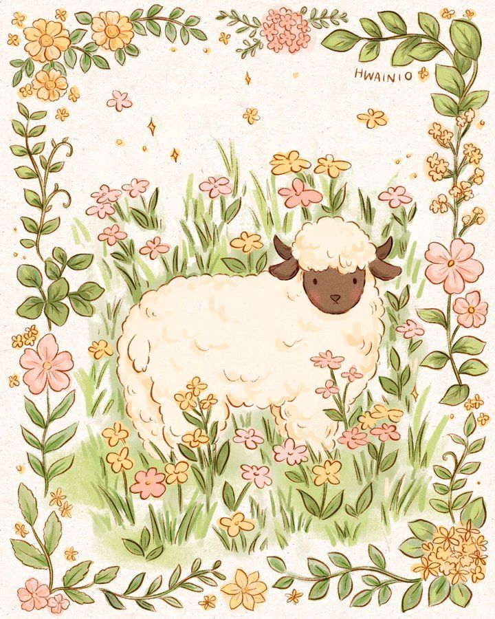 a sheep is standing in the grass surrounded by flowers and leaves on a white background