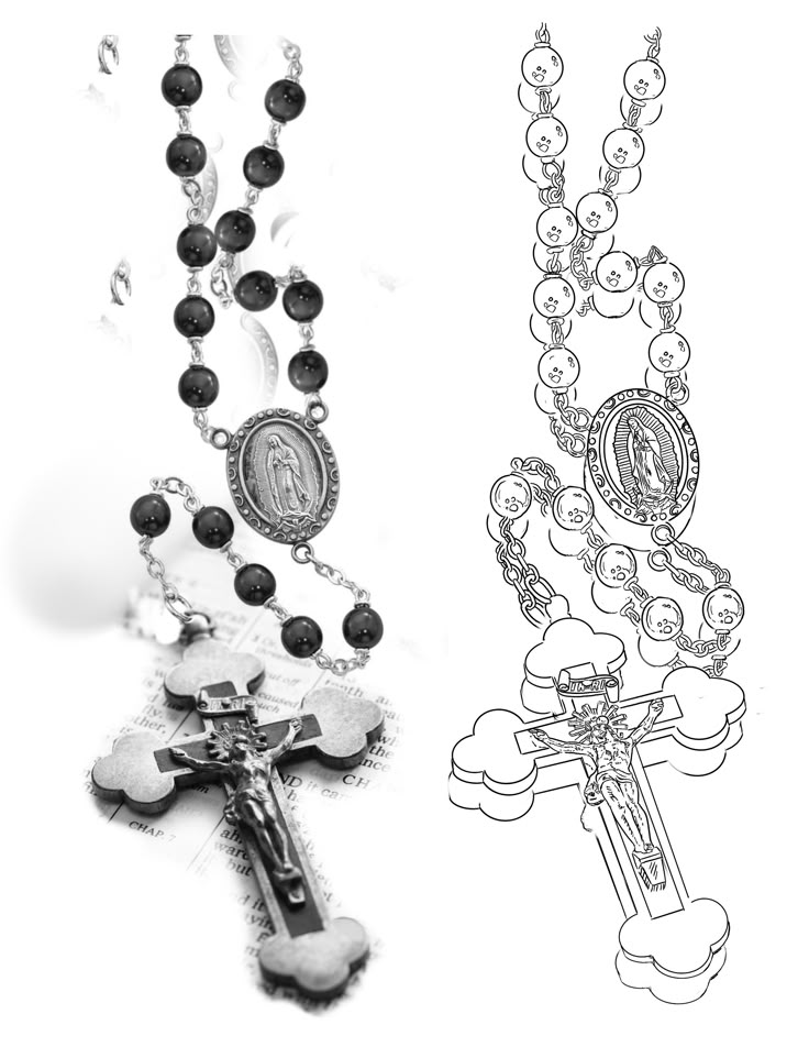 two rosarys with the image of jesus and mary on them are shown in black and white