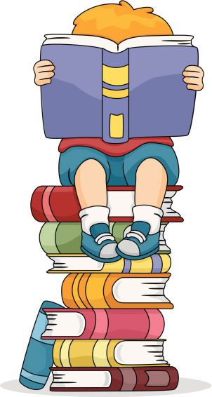 a boy sitting on top of a stack of books reading a book stock photo, picture and royalty