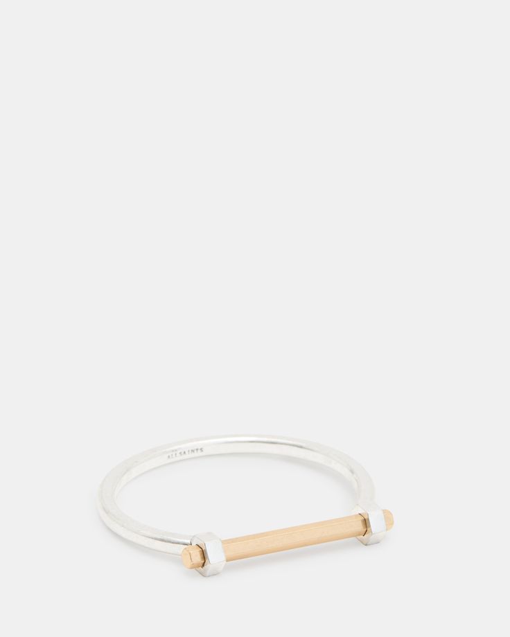 We're keeping things clean and contemporary with the Rhea Bangle. This simple design features a silver tone bangle with a gold toned bar finishing the shape to a structural aesthetic.   Bracelet bangle Slip on AllSaints engraved signature Silver and gold tone finish Aesthetic Bracelet, Silver Bracelets For Women, Bangle Ring, Jewellery Inspiration, Gold Bangle Bracelet, Silver Bangle Bracelets, Bracelet Bangle, Hinged Bangle, Jeans For Sale