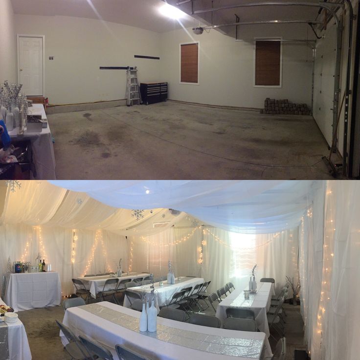 before and after photos of an event with white drapes on the ceiling, in which tables are set up