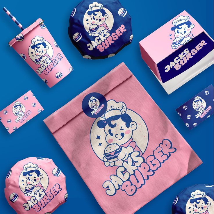 various items are displayed on a blue background with pink and purple colors, including an ice cream box