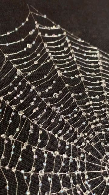 a close up view of a spider web on black fabric with white beads and sequins