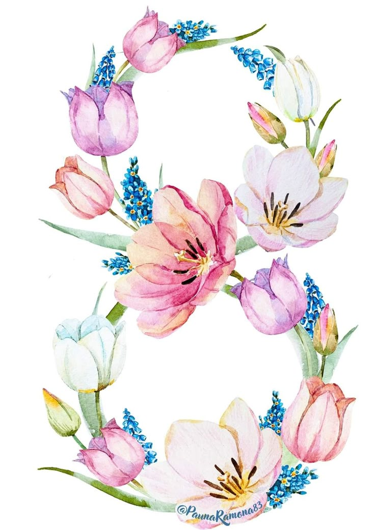 the letter e is made up of pink and white tulips with blue flowers