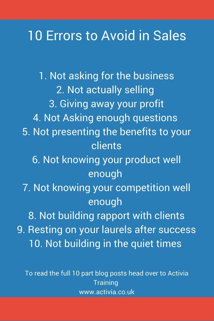 a blue and red poster with the words 10 errors to avoid in sales