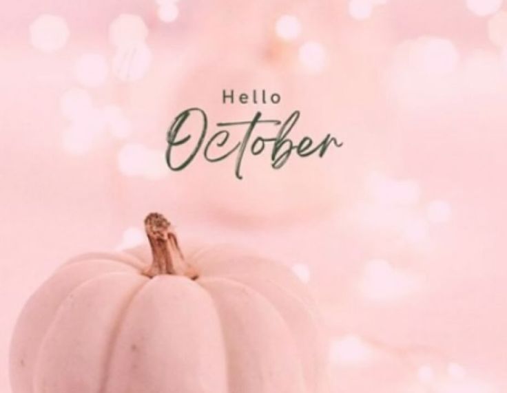 a small white pumpkin sitting on top of a table next to the words hello october