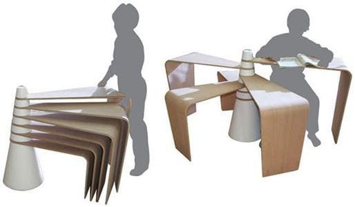 two different views of the same table and chair, with one person standing next to it