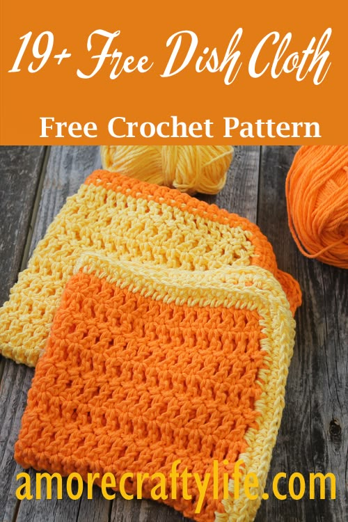 an orange and yellow crochet dish cloth next to some yarn on a wooden table