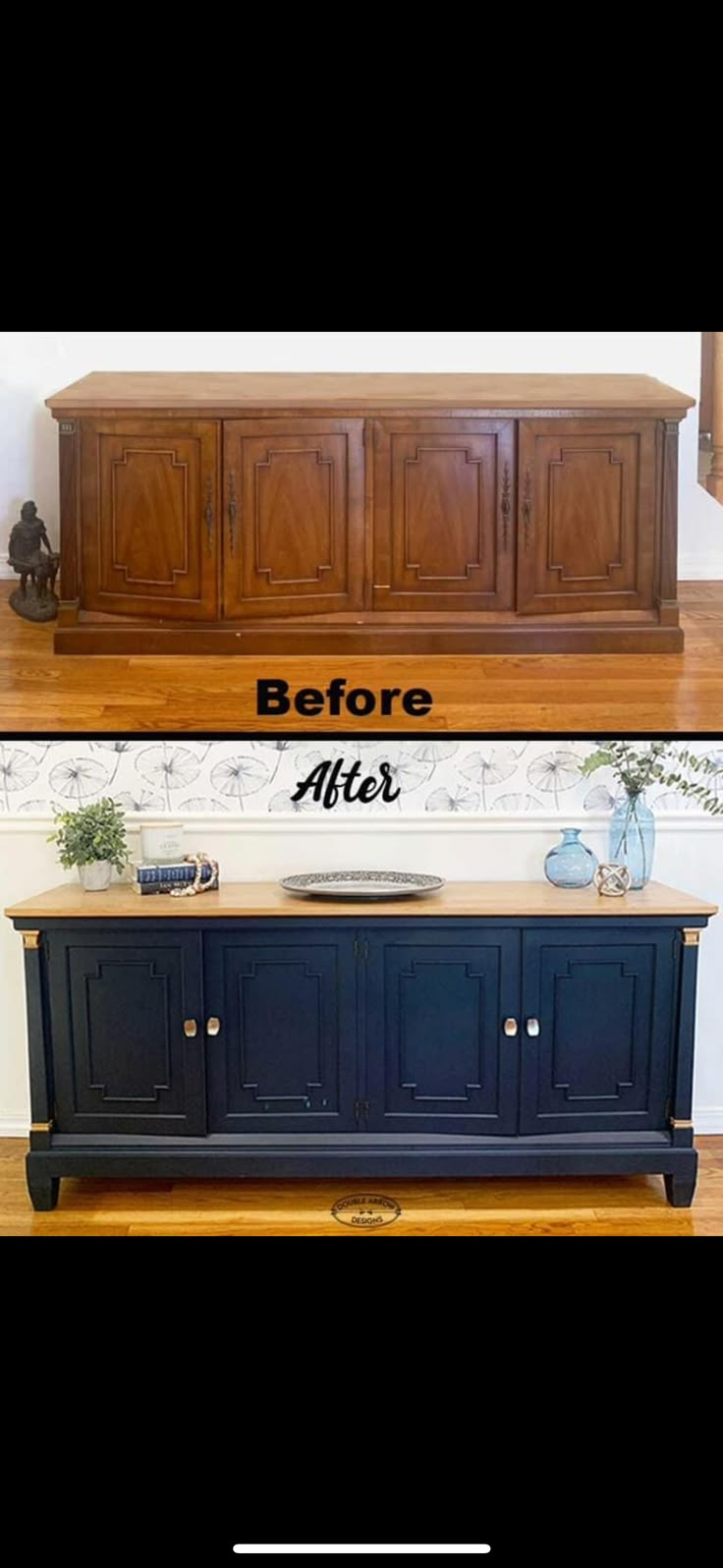 before and after photo of an old buffet table turned into a sideboard with gold hardware